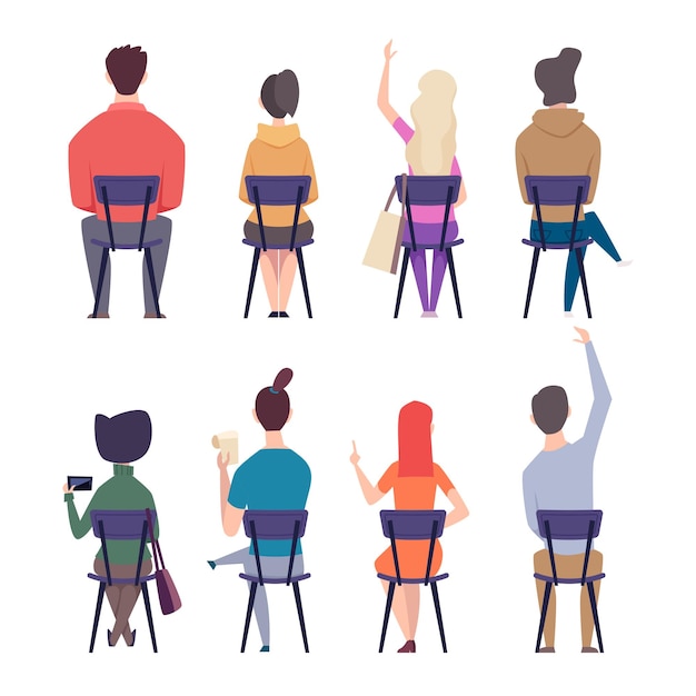 Students back Teenagers college people sitting on chairs in lecture room education characters exact vector flat persons back view