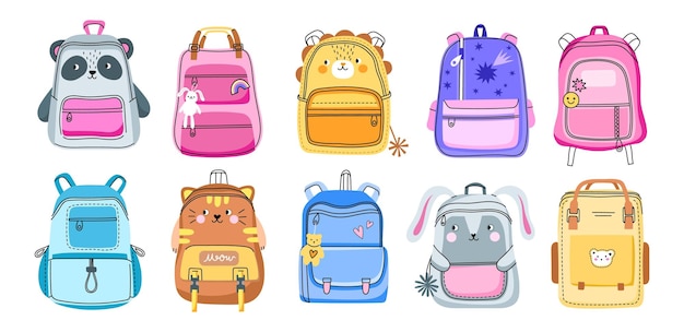 Students colorful backpacks school kids bright bags with straps for different educational accessories funny college elements vector set