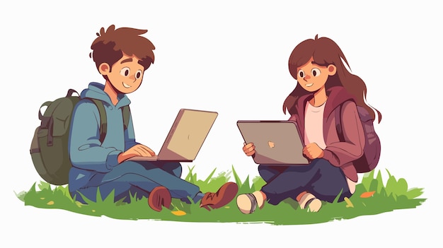 Vector students working outdoors with laptop on grass