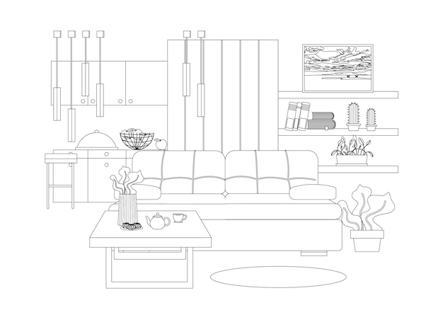 Studio apartment interior vector illustration in line art style