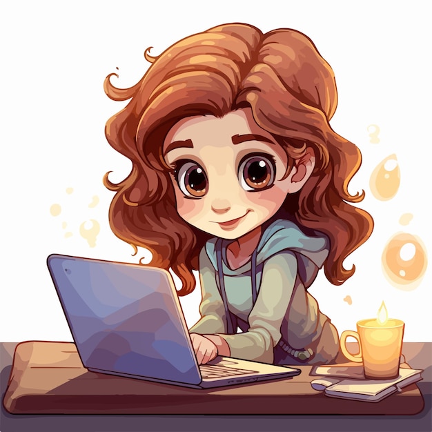 Vector studious young girl learning with computer illustration