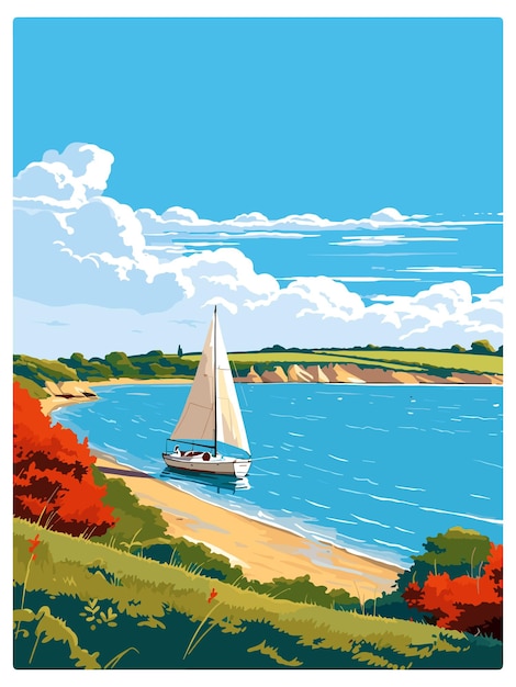 Vector studland bay england vintage travel poster souvenir postcard portrait painting wpa illustration