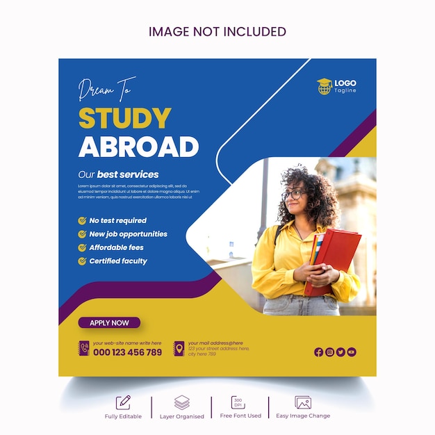 Study abroad flyer social media post or admission web banner template design