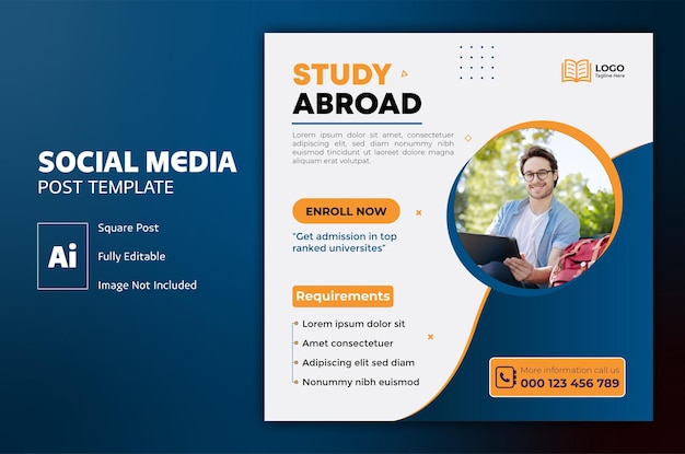 Study abroad social media post or education square flyer template