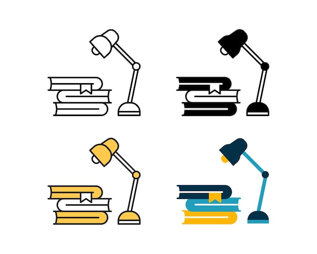 Study lamp and books icon vector design in 4 style line glyph duotone and flat