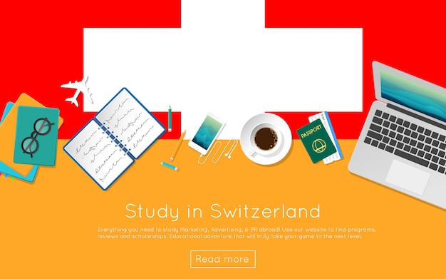 Study in Switzerland concept for your web or print materials. Top view of a laptop, books and coffee cup on national flag. Flat style study abroad website header.