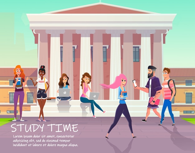 Study Time Motivate Poster. Happy Cartoon Students Walking