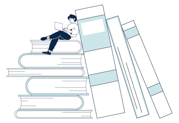 Studying concept Student with laptop on book pile Knowledge icon