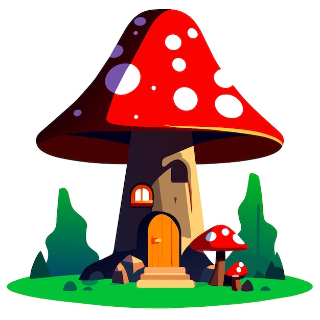 Stump house with mushroom in cartoon style on white background illustration