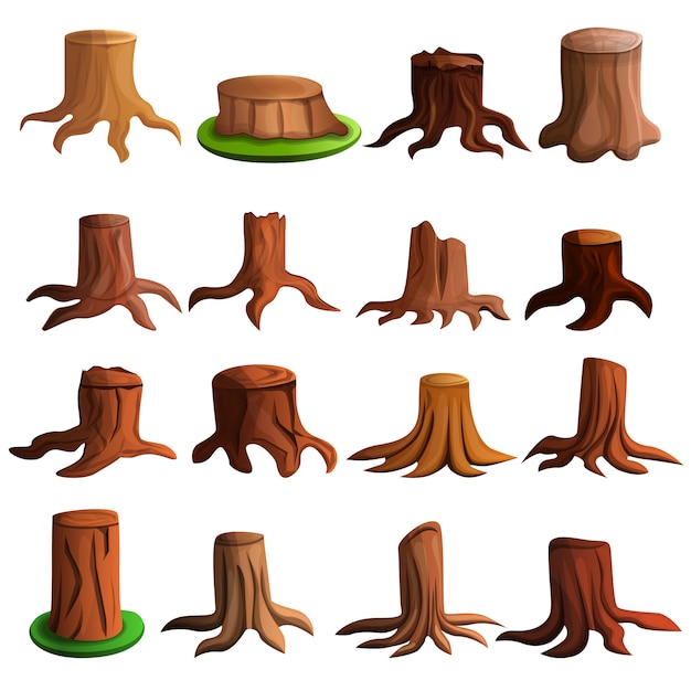 Stump tree icon set, cartoon style