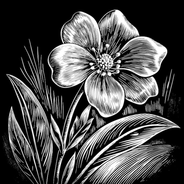 Stunning Black and White Botanical Illustration of a Flower with Leaves on Dark Background