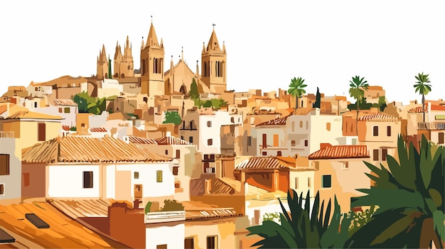 Vector stunning cityscape with la seu cathedral and rooftops at sunset