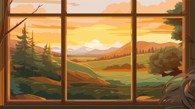 Vector stunning countryside landscape seen through window with sunlight filtering in