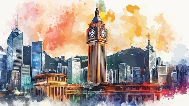 Vector stunning hong kong clock tower watercolor vector painting