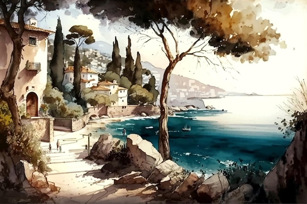 Stunning landscape painting with seaside city silhouette, water reflection, sea,  beautiful sunrise