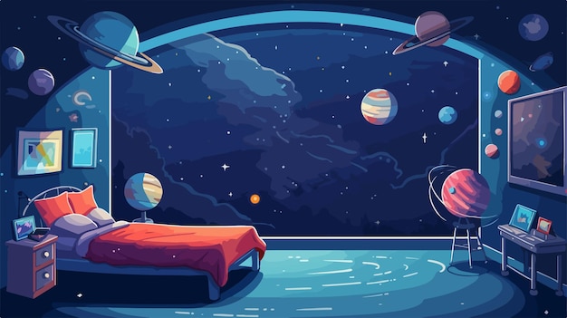 Vector stunning spacethemed bedroom flat design in cosmic colors