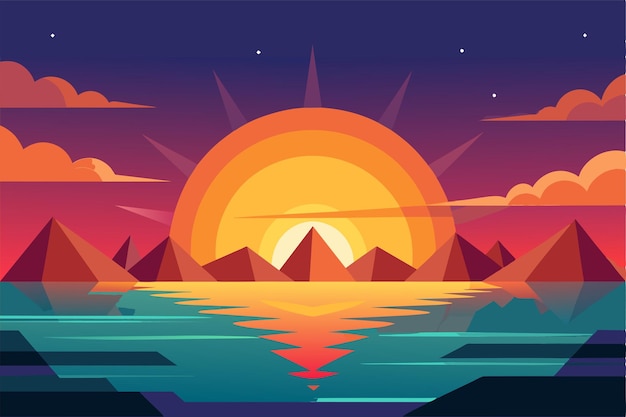 A stunning sunrise casts colorful rays over calm waters and distant mountains creating a serene atmosphere Sun rise Customizable Disproportionate Illustration