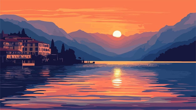 Vector stunning sunset view over lake maggiore with mountains