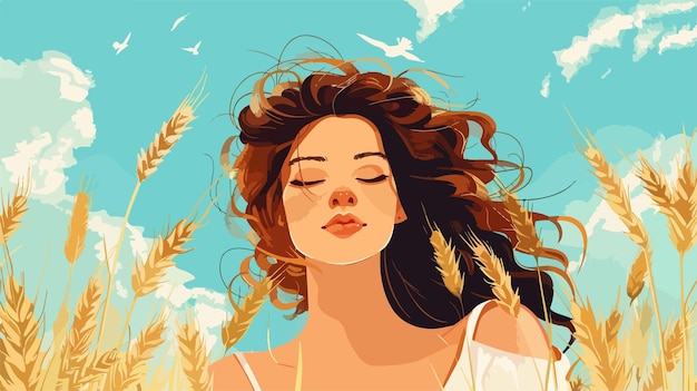 Stunning Woman with Wheat Spikelets on Sky Background