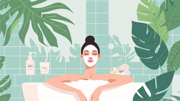 Vector stunning young woman wearing facial mask in tropical setting