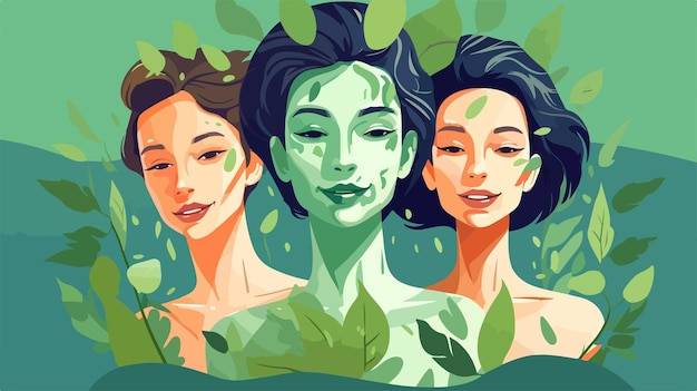 Vector stunning young women with facial masks on green background