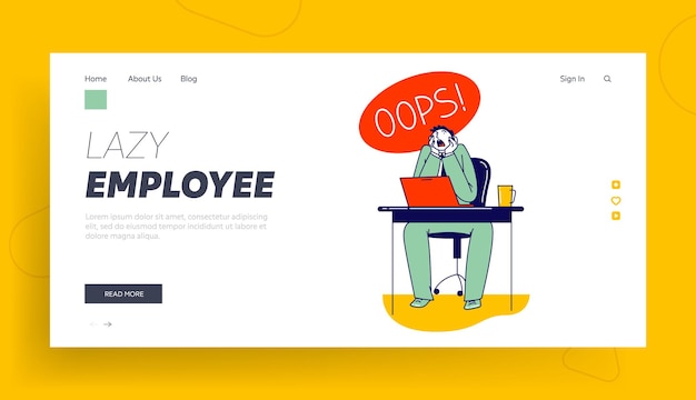 Stupidity Landing Page Template. Man Deleted Important Information from Computer. Shocked Male Character Yelling Oops Sitting at Working Place front of Laptop Screen. Linear Vector Illustration