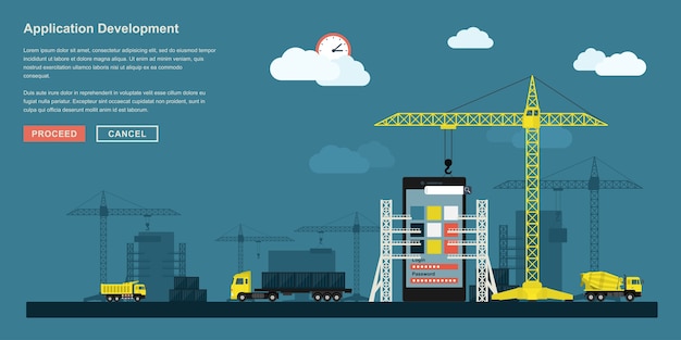 Vector  style concept for smartphone application development working process, metaphorical representation of app development workflow like industrial construction with lifting cranes, trucks etc.