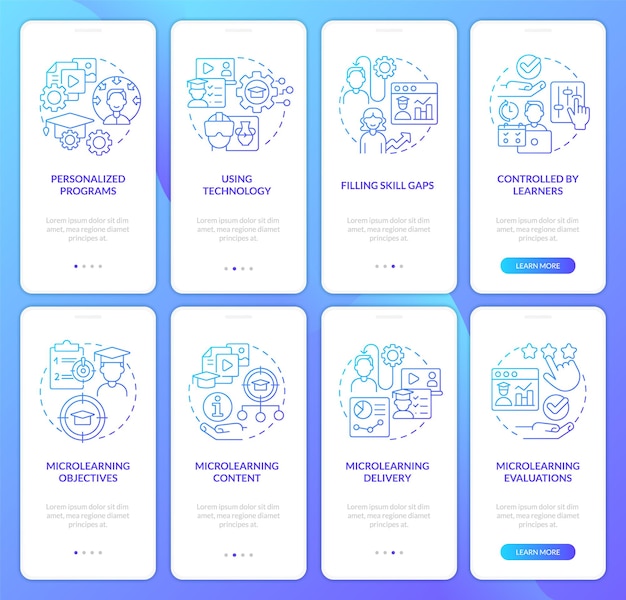 Style of delivering education blue gradient onboarding mobile app screen set