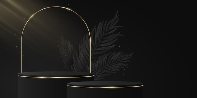 Stylish 3d podium with palm leaves Tropical scene for display your product Luxurious gold and black pedestal Fashion presentation Vector illustration EPS 10