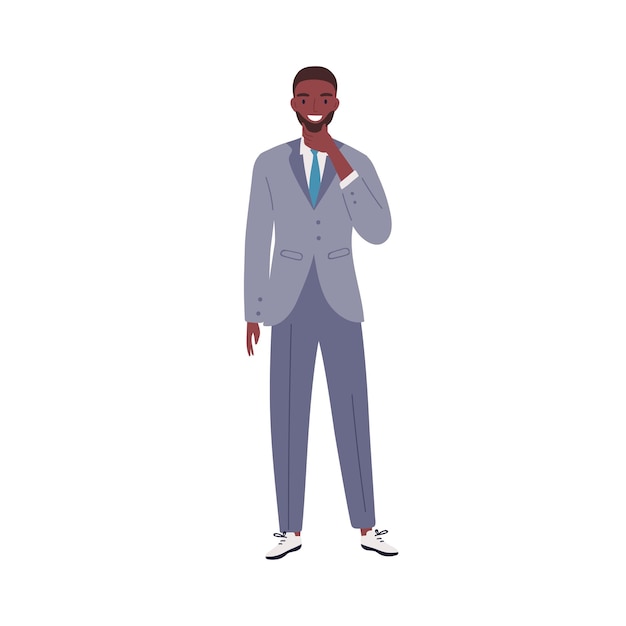 Stylish African American businessman thinking touching beard vector flat illustration. Happy fashionable guy in suit standing isolated on white background. Smiling male in official outfit.