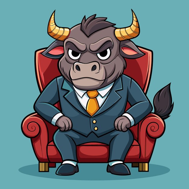 Vector stylish angry big bull in a suit seated on fancy chair cartoon vector illustration