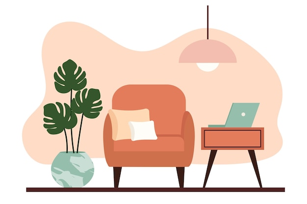 Stylish apartment interiors in Scandinavian style with modern decor. Cozy furnished living room. Cartoon flat vector illustration. Bright, stylish and comfortable furniture with indoor plants.