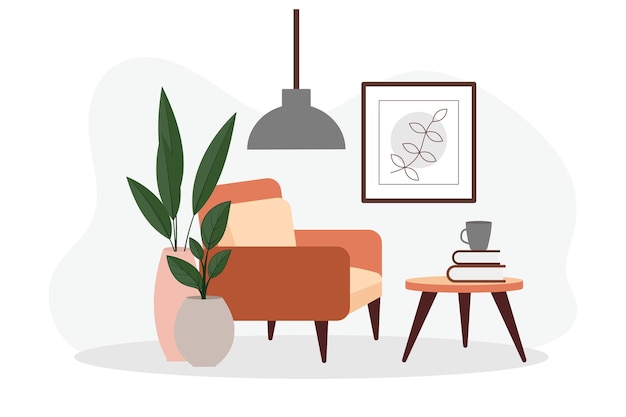 Stylish apartment interiors in Scandinavian style with modern decor Cozy furnished living room Cartoon flat vector illustration Bright stylish and comfortable furniture with indoor plants