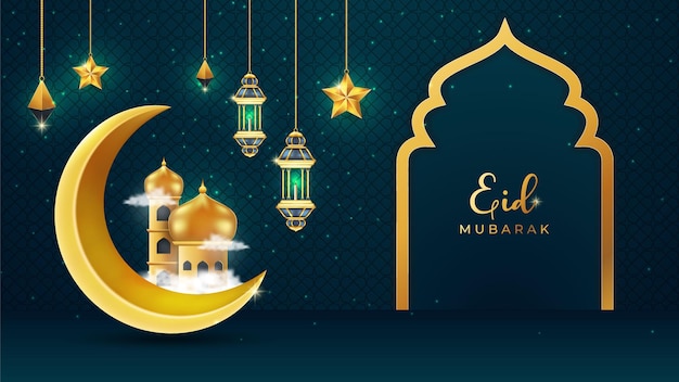 Stylish Arabic Eid Mubarak background with gold moon lantern stars with Arabic ornamentation