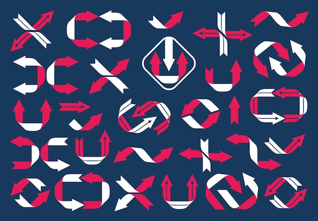 Stylish arrow logos and icons symbols vector big collection, red and black double color graphic design elements collection, cursors and direction signs, loop refresh and joint arrows.