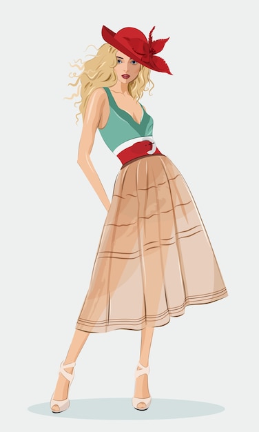 Stylish beautiful girl wearing fashion clothes and red hat. Detailed cute graphic woman.  fashion illustration.