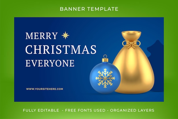 Stylish blue Merry Christmas festive web banner template Santa Claus sack realistic 3d icon vector