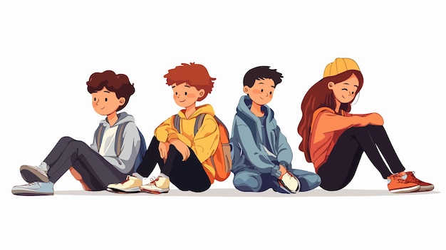 Vector stylish boys and girls sitting outdoors fashionably