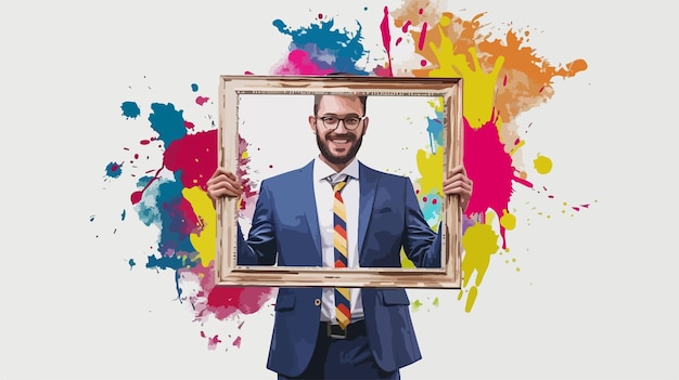 Vector stylish businessman holding colorful frame with splashes