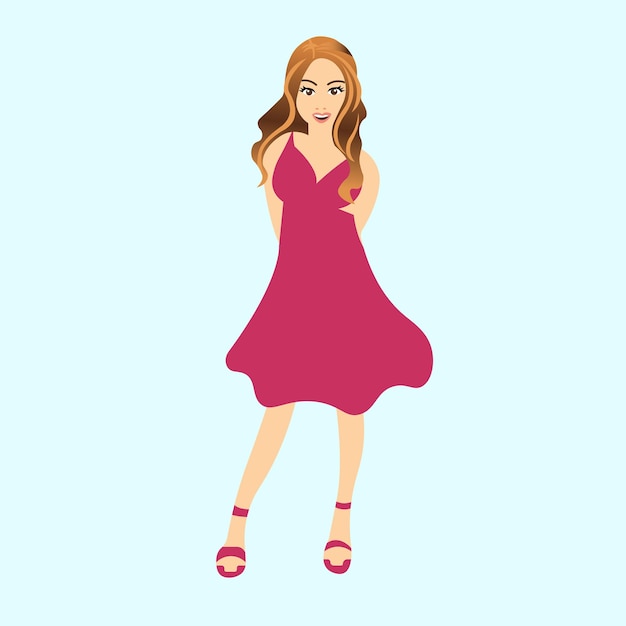 Vector stylish cartoon woman in red dress beautiful woman illustration in trendy