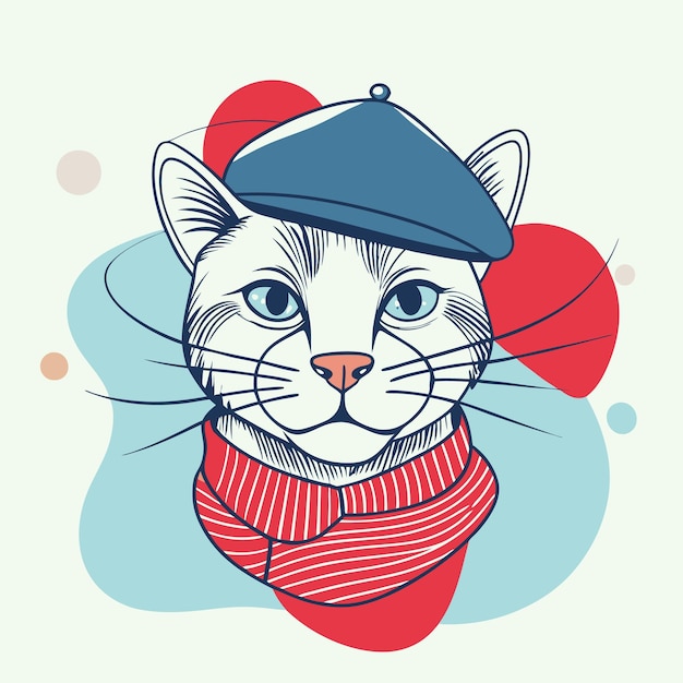 Vector a stylish cat wearing a beret and scarf in a colorful design