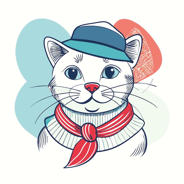 A stylish cat wearing a hat and scarf illustrated in a playful style