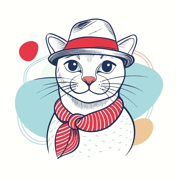 A stylish cat wearing a hat and a scarf