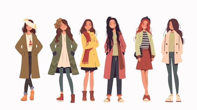 Vector stylish collection of trendy girls in cute outfits showcasing various emotions