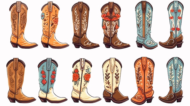 Vector stylish collection of western cowboy boots for decorative purposes