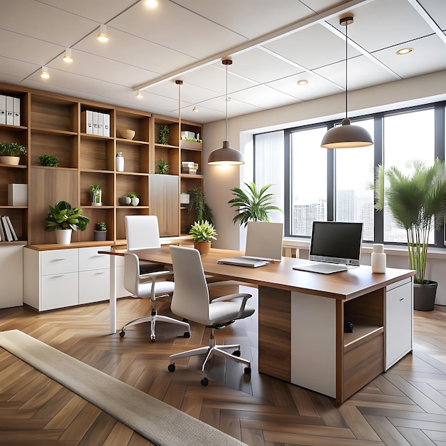 Vector stylish consulting interior with pc computer on work desk and armchairs grey tile concrete floor c