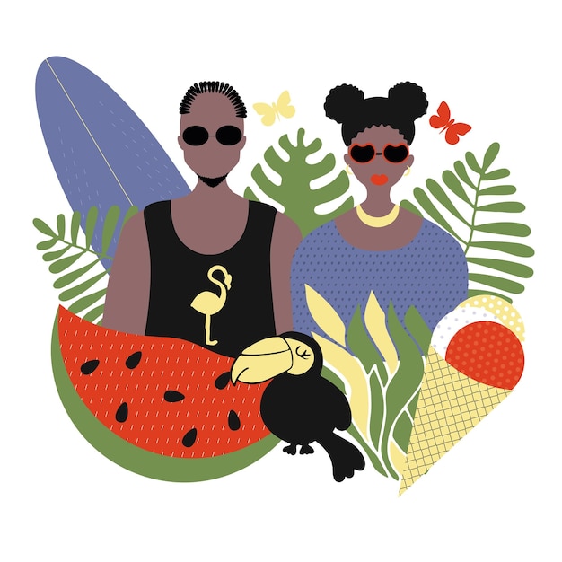 Stylish couple of people AfroAmericans man and woman portraits in trend with summer attributes watermelon and ice cream toucan and plants Vector flat illustration summer time