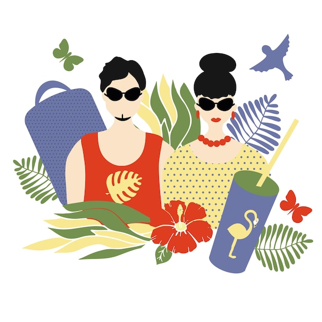 Stylish couple of people white man and woman portraits in a trend with summer attributes suitcase and cooling drink plants Vector flat illustration summer time