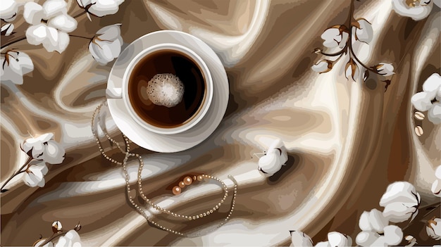 Vector stylish cup of coffee with cotton flowers and jeans background