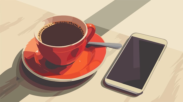 Vector stylish cup of hot coffee and smartphone on table